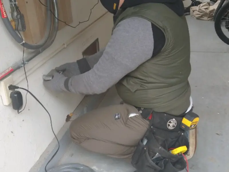 Electrician performing outlet wiring in a Kennedale garage